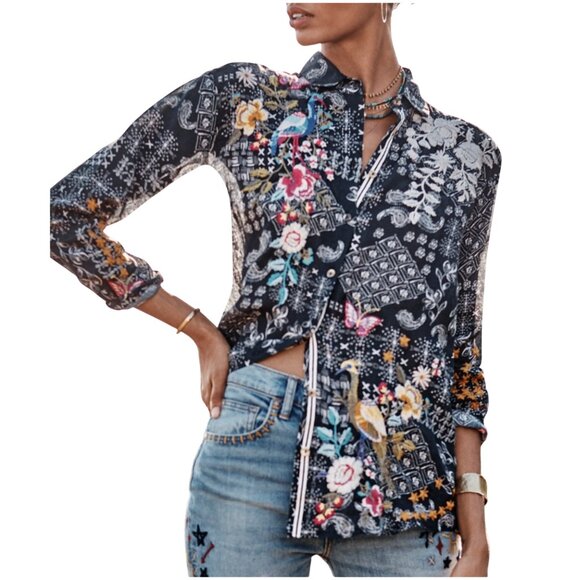 Johnny Was Senia Oversized Shirt size L large Embroidered top birds floral - Picture 4 of 13
